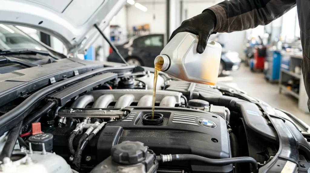 Fresh synthetic motor oil being poured into a BMW 328i engine filler port