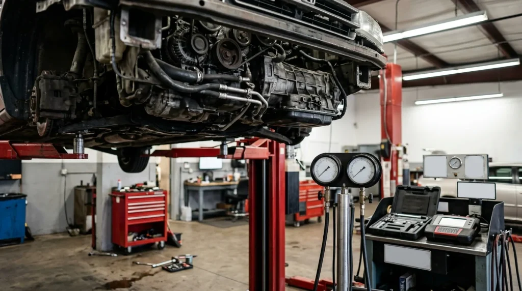 Honda Accord engine bay and transmission housing undergoing mechanical diagnostic inspection on a workshop lift.