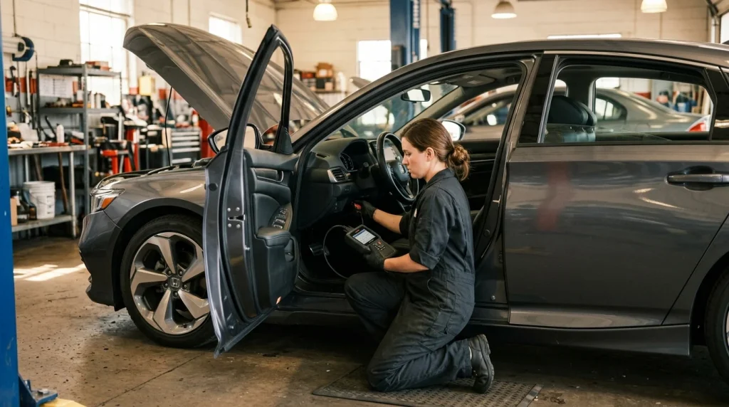 Automotive technician connecting an OBD-II scanner to inspect a used Honda Accord during a pre-purchase evaluation.