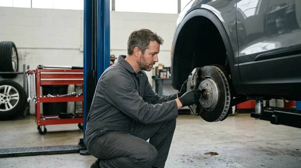 What Is the Average BMW Maintenance Cost? (2026 Guide) 5 A professional auto mechanic inspecting the brake rotor assembly on a BMW crossover during scheduled maintenance.
