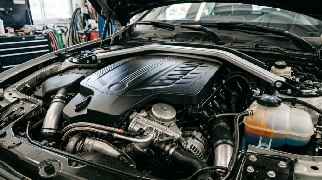 What Is the Average BMW Maintenance Cost? (2026 Guide) 4 Detailed view of a modern BMW engine bay showing routine maintenance components and fluid reservoirs.