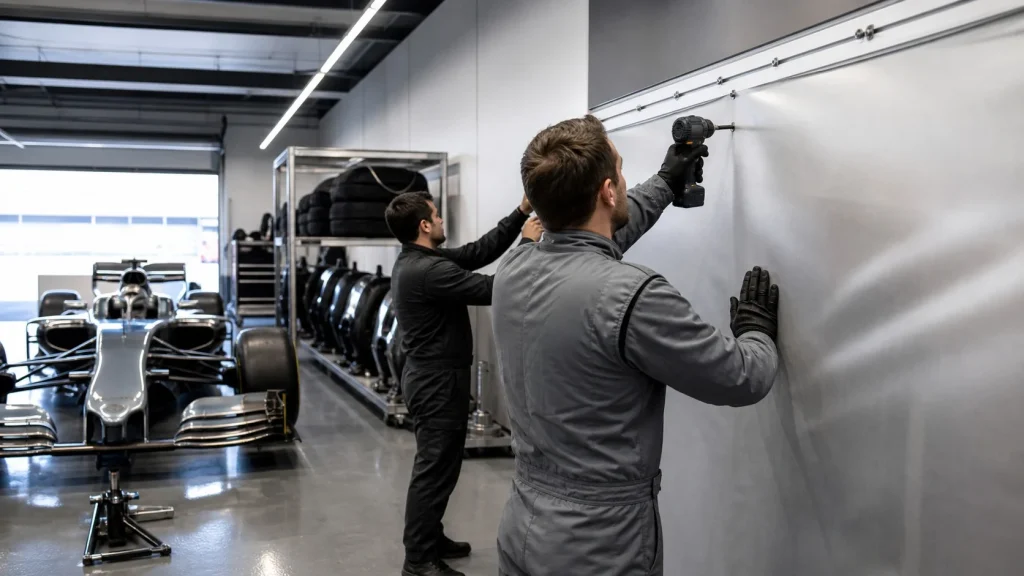 Audi Revolut F1 Team garage setup during pre-season preparations