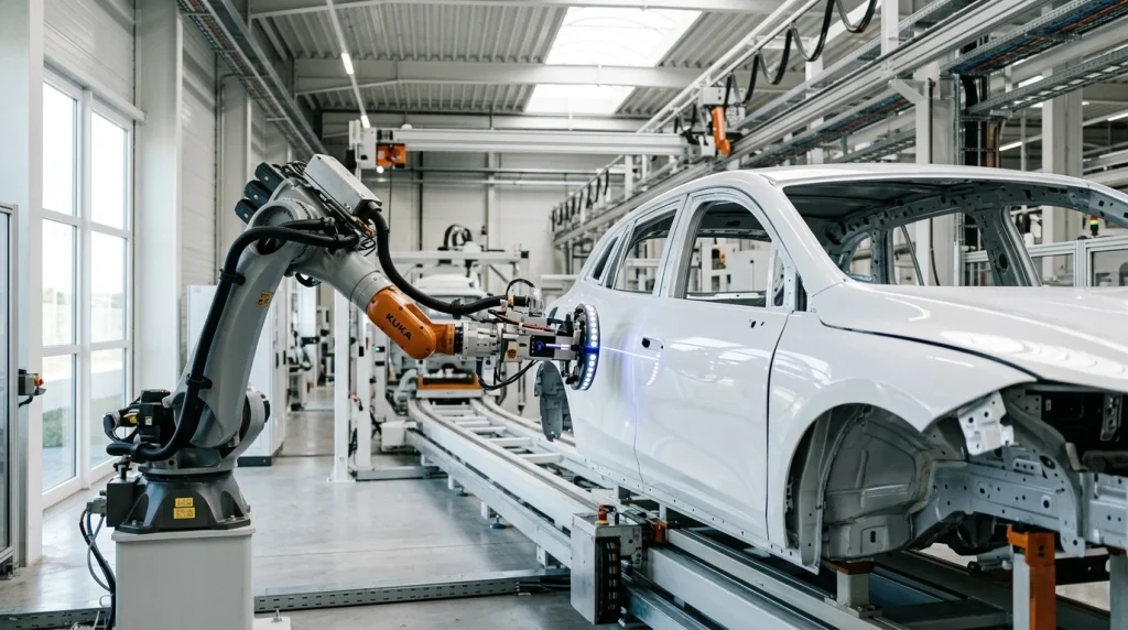Precision assembly and quality inspection process of an Audi car in a manufacturing plant.