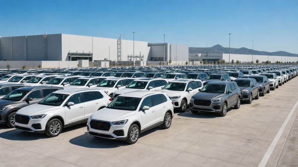 Audi Q5 SUVs parked outside a production facility awaiting export shipment
